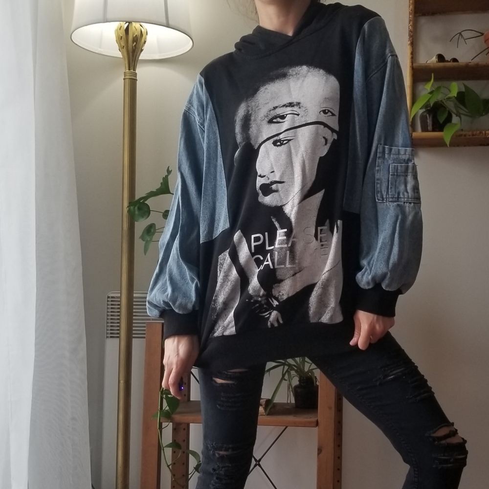 Hoodie Denim Jeans Sleeves Please Call Me Korea Graphic Face Grunge Punk Casual